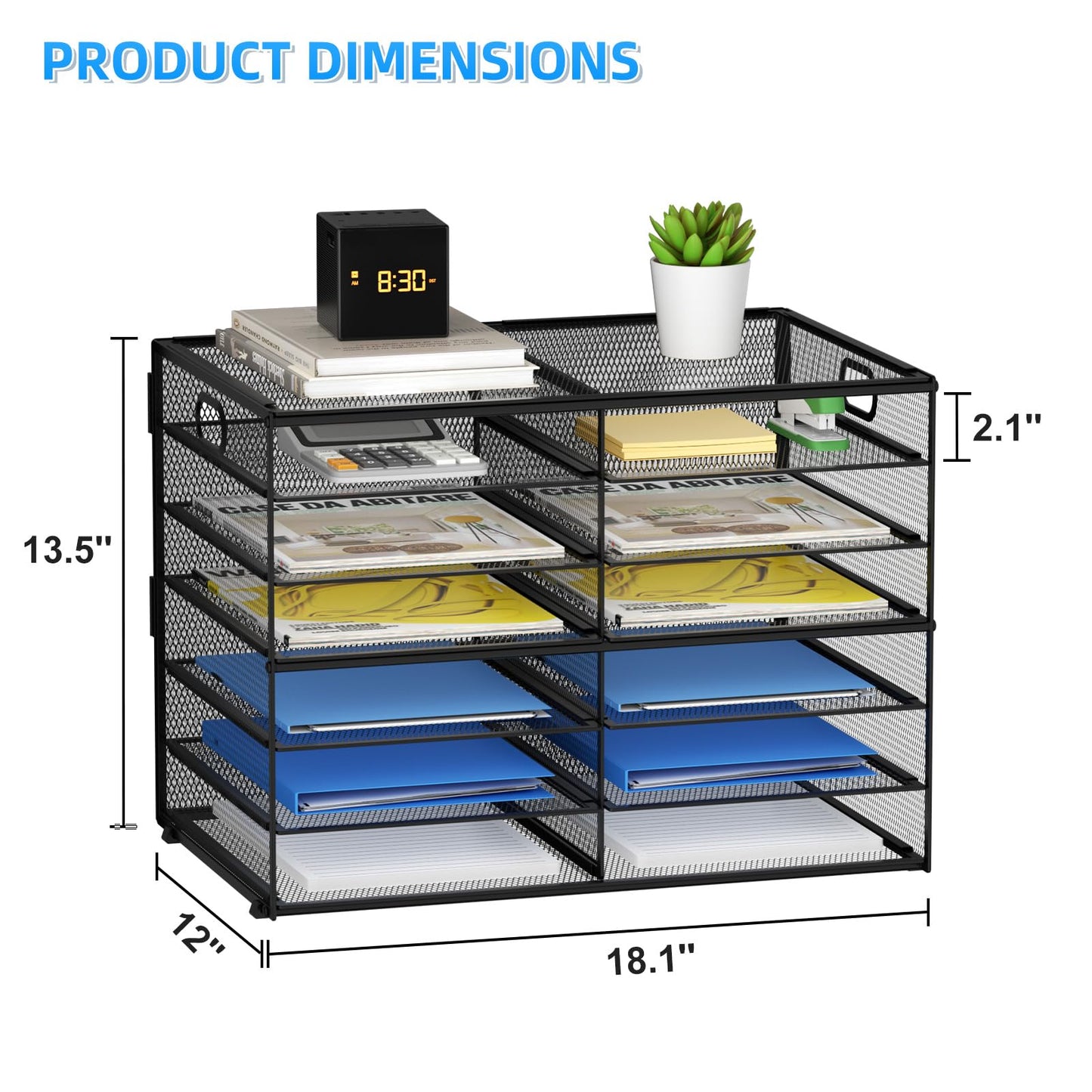 Lavatino 12 Compartments Paper Organizer for Desk, Mesh Literature Organizer, Mail File Sorter Tray with Handle, Desktop Mailbox for Office Classroom Home, Black