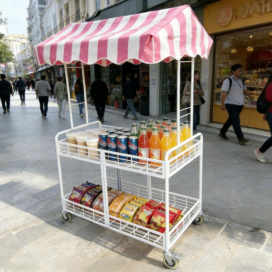 Skiennix Folding Vendor Stall Cart - 2-Tier Mobile Food Display Stand with Canopy | Lockable Wheels, Pink & White, 35.4in