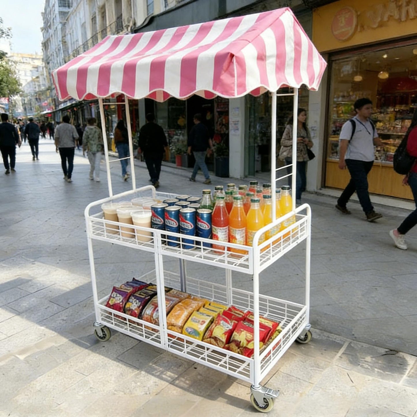 Folding Vendor Stall Cart with Canopy 2-Tier Mobile Food Display Stand On Lockable Wheels Flexible Storage Thickened Square Tube Suitable for Farmers Markets and Street Stalls Pink + White 43.3in