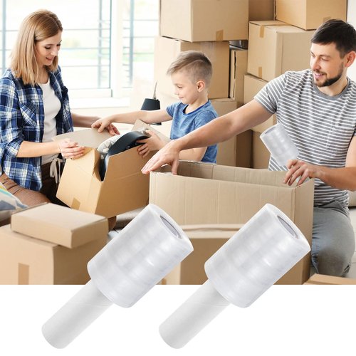 6 Pack Stretch Wrap Film with Handle, 80 Gauge Thick Industrial Strength Hand Stretch Wrap, 4" x 1000 Ft Plastic Pallet Shrink Film Heavy Duty Self-Adhering Plastic Wrap for Packing, Moving