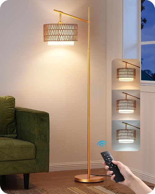 EDISHINE Rattan Arc Floor Lamp - Dimmable LED with Remote & Adjustable Wicker Shades | Gold Farmhouse Design
