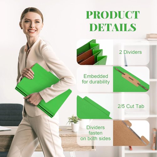 AmazingSpark 72 Pcs Classification Folders - Heavy Duty Pressboard File Organizer | Green, Letter Size with 2 Dividers
