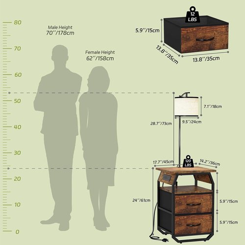 Runjuly Floor Lamp with Table - 3-Color Temperature Bulb, 2 Drawers & Charging | Rustic Brown Design for Bedroom & Apartment