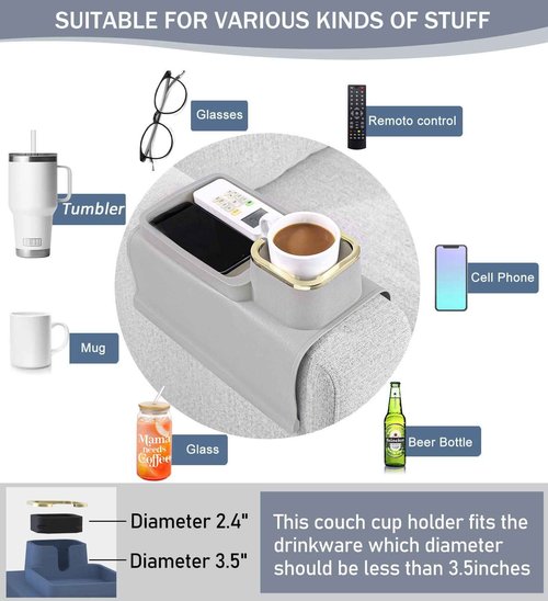 HMASYO Couch Cup Holder Tray - Silicone Sofa Armrest Table Couch Drink Holder and Tray Organizer for Remote Snacks Cellphone, Anti-Spill Anti-Slip Design, Mother`s Day Gifts for Mom Grandma
