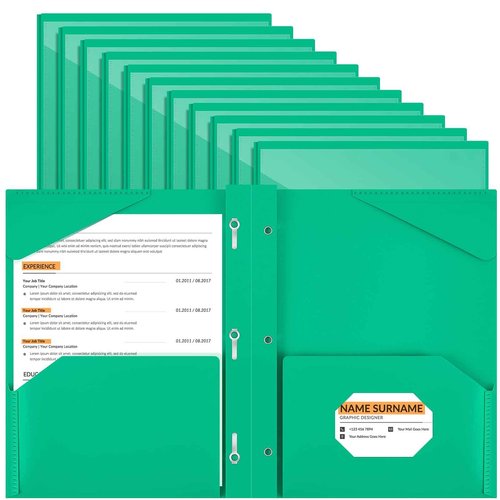 Henoyso 18 Pcs Plastic Folder with Clear Front Pocket and 3 Prong Plastic Folders with Card Slot Pocket Folders with Prongs for School Office (Green)