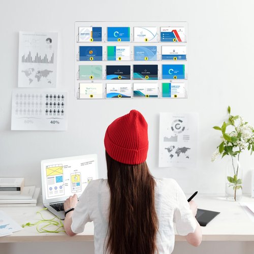 Hedume Acrylic Business Card Holder Wall Mount Clear Sticker Display Rack, 16 Pockets Marketing Holder, Multi Pocket Rack Organizer Space Saver for Home Office