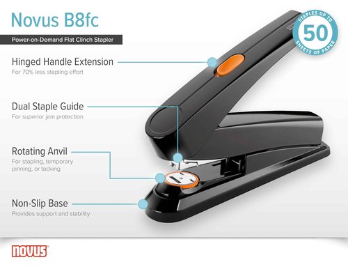 Novus B8fc Flat Clinch Stapler, 70% Less Effort, 50 Sheet Capacity, Dual Staple Guide, German Engineered, Staple|Pin|Tack, Black (020-1673)