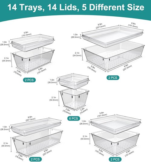 Flybok 28 Pcs Clear Acrylic Drawer Organizer Set, Upgrade Lid Design, 5 Size Bathroom Vanity Organizer Tray, Acrylic Makeup Drawer Organizer, Storage Containers for Kitchen Junk Utensils Office