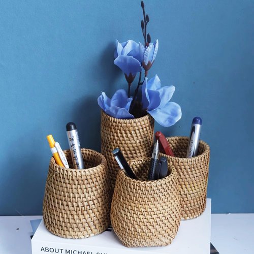 amololo Handmade High Wall Rattan Pen Cup,Tea Items Desk Holder,Wicker Pencil Décor Holder Flower Vase For Dry Flower,Rustic Makeup Brushes Holder Stand, Table Loose Items Organizer (High Cylinder)