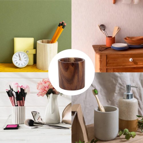 Jwthee Wood Pen Holder for Desk, Makeup Brush Cup Small Utensil Holder, Multi Purpose Cylindrical Pen Cup Desktop Stationary Organizer Storage Case Stationery for School Home Office Supplies
