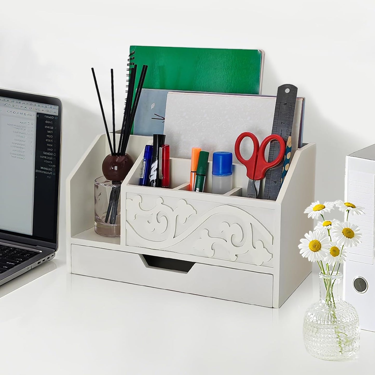 Skiennix White Wooden Mail Organizer - Stylish Three-Tier Desk Accessory with Drawer for Office Storage
