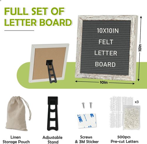4 THOUGHT Letter Board Sign - 10" x 10" Vintage Grey Felt Message Board with 500 Letters & Stand