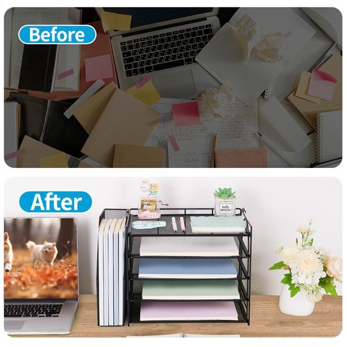 AUPSEN Desk Organizers and Accessories, 5-Tier Desktop Paper File Organizer with Removable File Holder, Desk Accessories & Workspace Organization for Home Office Supplies (Black)