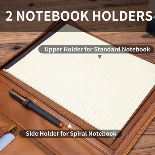 Geslun Genuine Leather Portfolio with Front Pocket for Men and Women, Zippered Padfolio Binder 8.5 x 11 Legal Pad Notebook Holder, Fits 13” Laptop, Professional Work File Case, Brown