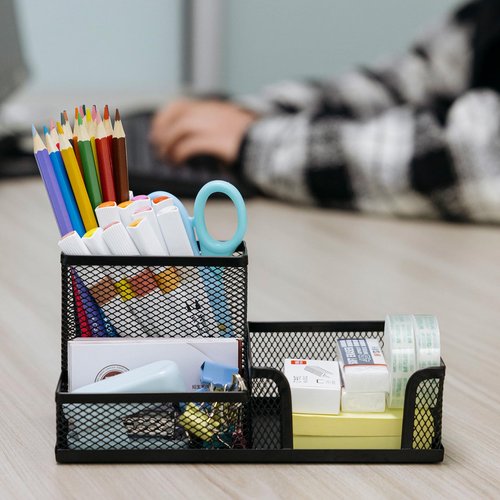 EMIZIU 4 Pieces Mesh Pen Holder Desk Organizers and Accessories for Deskop Organizer,3 Compartments Black Pencil Holder for Office Supplies,Gifts for Colleague