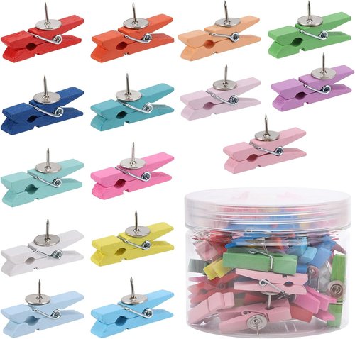Skiennix 50Pcs Wooden Clips - Colorful Push Pins for Cork Board & Craft Projects