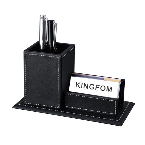 KINGFOM PU Leather Desk Organizer and Accessories, Pencil Holder for Desk with Business Cards Stand, School Office Supplies Collection Caddy Black