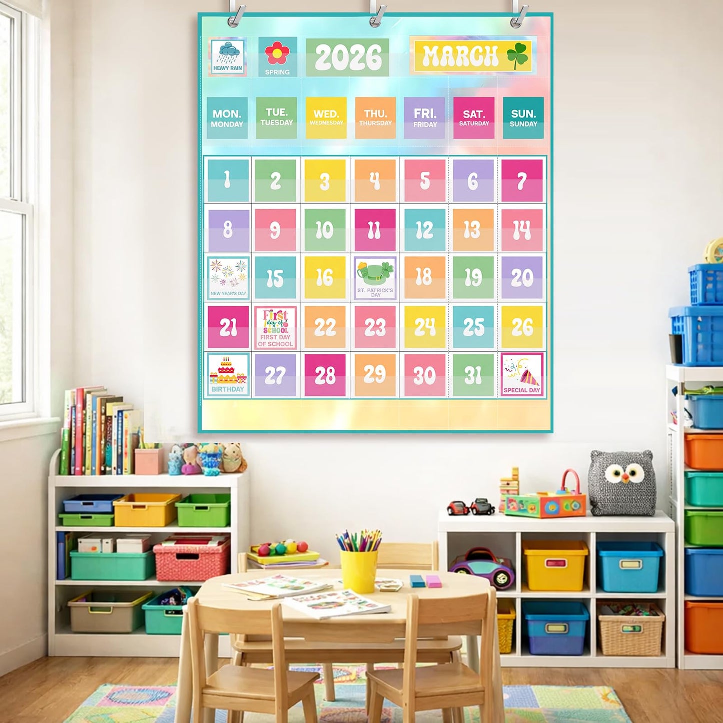 Tinlade Classroom Calendar Pocket Chart Set with 115 Cards 24 x 28 Inch Rainbow Pastel Calendar Bulletin Board Pocket 2026-2033 Festival Weather Teacher Supplies for Back to School Wall Decoration