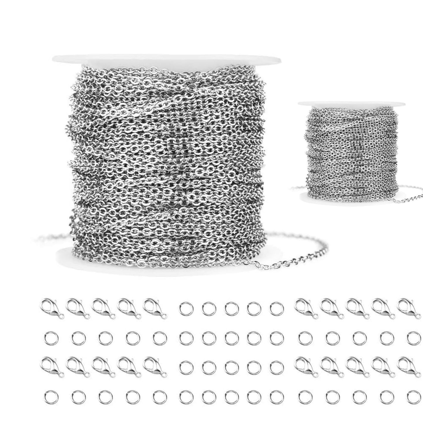 WXJ13 Chains for Jewelry Making 36FT 2 Rolls, Silver Stainless Steel Jewelry Chains with 60 Pieces Open Jump Rings & 40 Pieces Lobster Clasps for Necklace Chain DIY Making Accessories