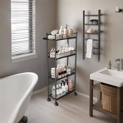 Utility Slim Storage Cart, 4-Tier Storage Cart, Narrow Cart with Handle, 7.1 Inches Deep, Metal Frame, for Kitchen, Dining Room, Living Room, Home Office, Rustic Brown and Classic (4 Tier Black)