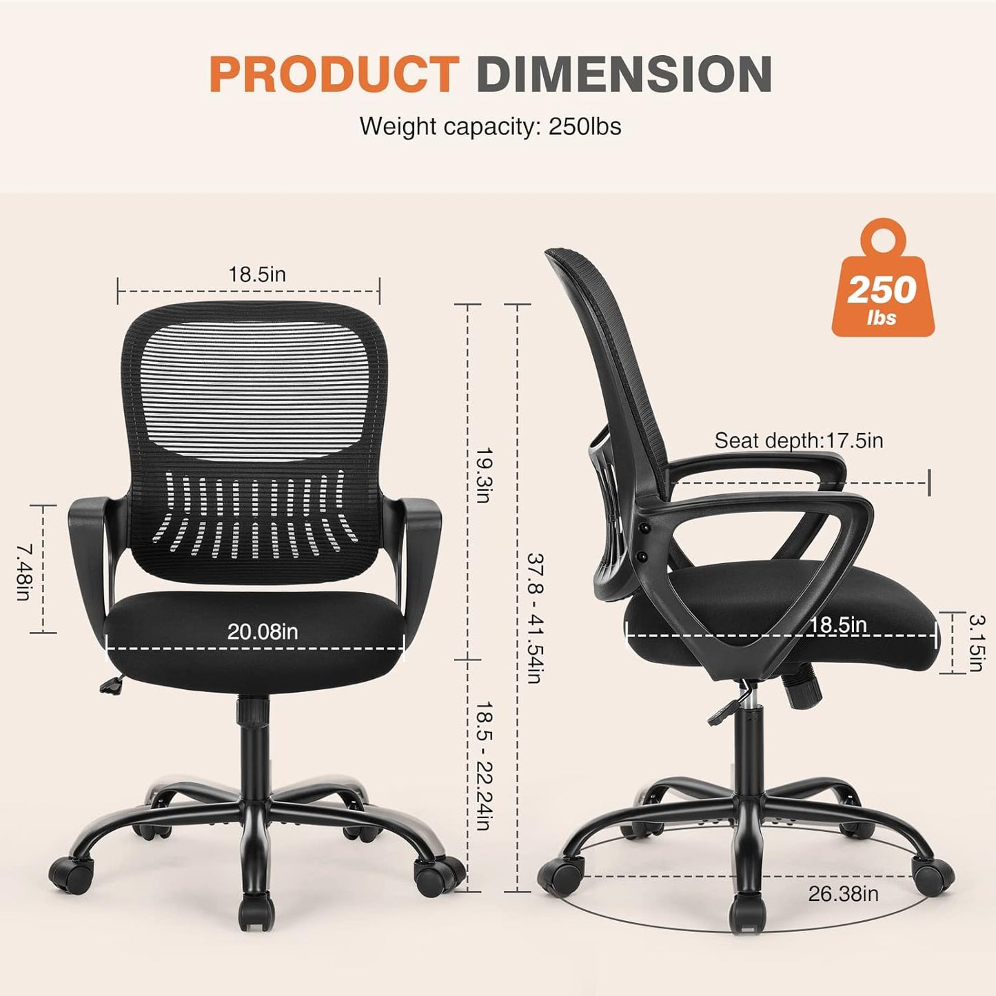 Sweetcrispy Ergonomic Mid-Back Mesh Office Chair - Lumbar Support & Comfortable Armrests | Ideal for Home & Study