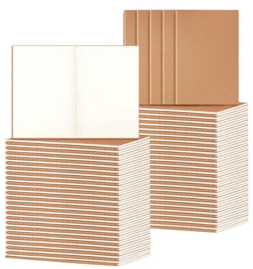 ALKALO 100 Pack A5 Blank Kraft Notebooks Bulk, Journaling Notebooks, Soft Cover Composition Notebook, 8.3x5.5 Inches 60 Pages Travel Journal Notebooks Set for Work, School, Student, Kids, Writing