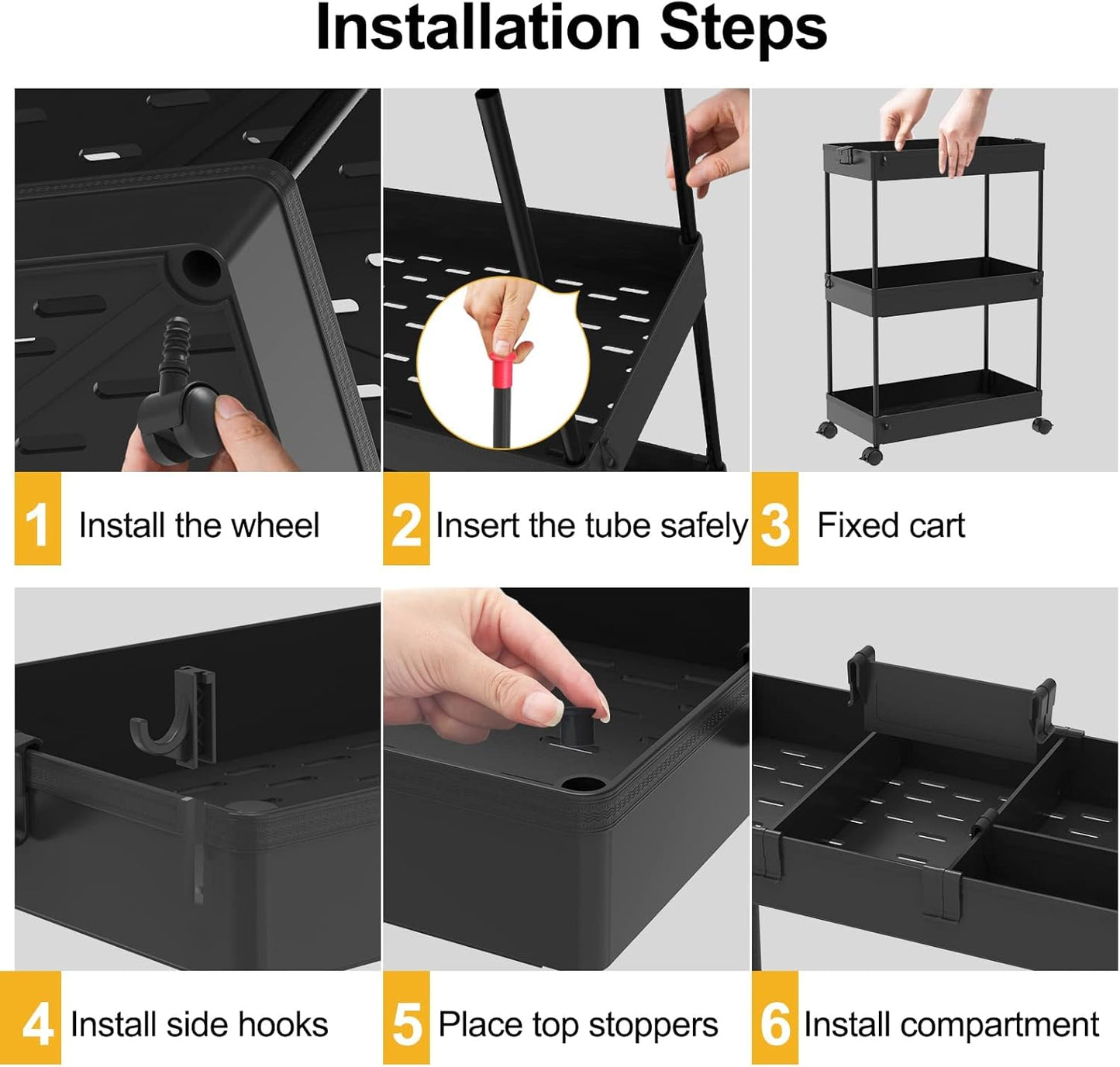 SPACELEAD Slim Storage Cart - 3-Tier Rolling Bathroom Organizer | Mobile Shelving Unit for Office, Kitchen & Laundry - Black