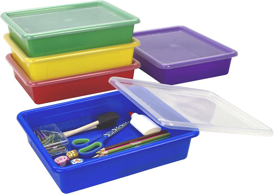 Storex Letter Size Flat Storage Tray - Non-Snap Lid Organizer Bin for Classroom & Office | Assorted Colors, 5-Pack