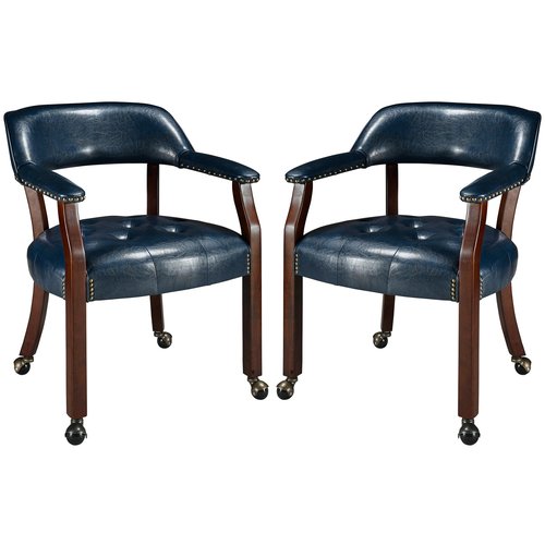 LEEMTORIG Set of 2 Dining Chairs with Casters and Arms, Large Rolling Dining Chairs with Wheels, Accent Poker Table Chairs, Solid Wood Boss Caption's Chairs, Cherry Legs & Blue SY-1533-LB