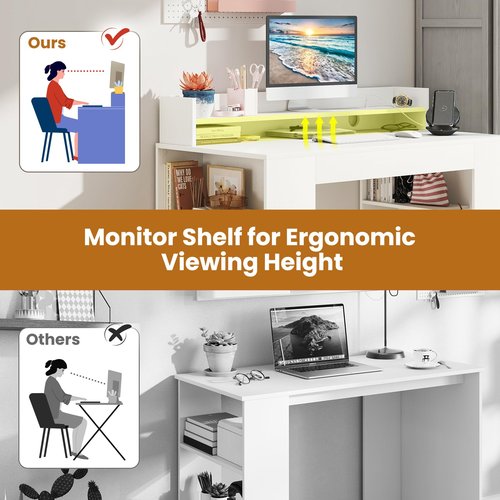 GOFLAME Computer Desk, 43” Home Office Desk with Power Outlets, Monitor Shelf, Bookshelf & Cable Hole, Modern Study Writing Desk, PC Workstation for Living Room Bedroom, White