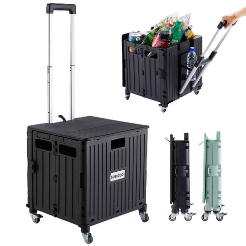 SUBICOO Folding Utility Cart Portable Rolling Crate Handcart Shopping Trolley Collapsible Tool Box, with Lid, on 4 Rotate Wheels, for Grocery, Shopping, Office, Teacher, Camp(Black)