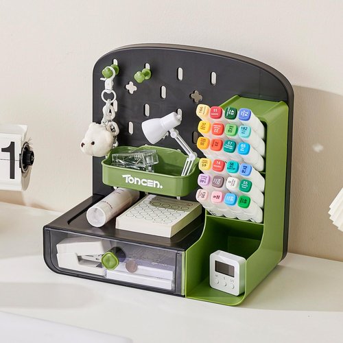 UFORU Desk Organizer with Drawers, Wall-Mounted Storage Panel with Hooks Shelves, Space-Saving Multi-Purpose Pen Holder for Home Office, Kitchen, Workshop (Greener)