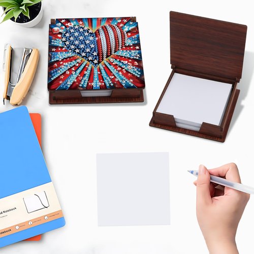 BAYUNOE Memo Paper Storage Box Diamond Art Painting Wooden 4.3x4.3 in Sticky Note Holder for Desk Organizer Notepad Holder with 160 Sticky Notes Office Supplies Accessories-Heart of USA