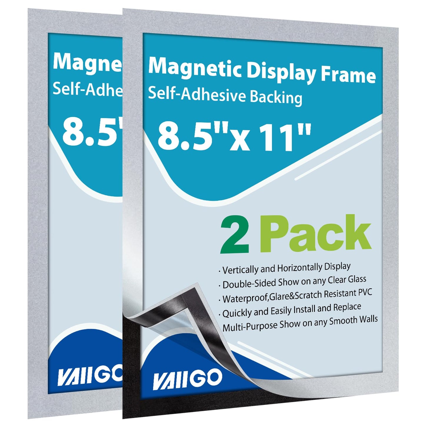 VAIIGO 2Packs Magnetic Sign Holder 8.5 x 11 Self Adhesive Display Frames with Strong Magnetic Frame and Clear PVC for Office Store Home Door Window Refrige Magnetic Paper Holder, Silver