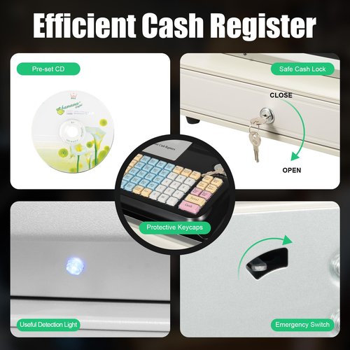 IOUSSJC Electronic Cash Register, 48 Keys Commercial Electronic Cash Register, Tabletop Cash Register for Industries Such As Supermarkets, Shopping Malls with LED Display and Cash Detection Light
