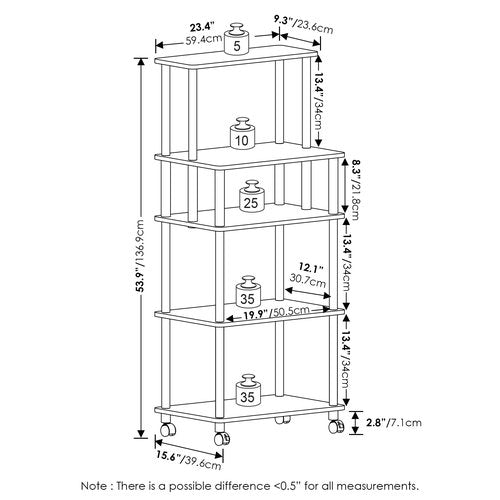 Furinno Turn-N-Tube 5-Tier Toolless Multipurpose Printer Stand Display Storage Shelf with Wheels, 16 (D) x 23 (W) x 54 (H) inches, Columbia Walnut/Black