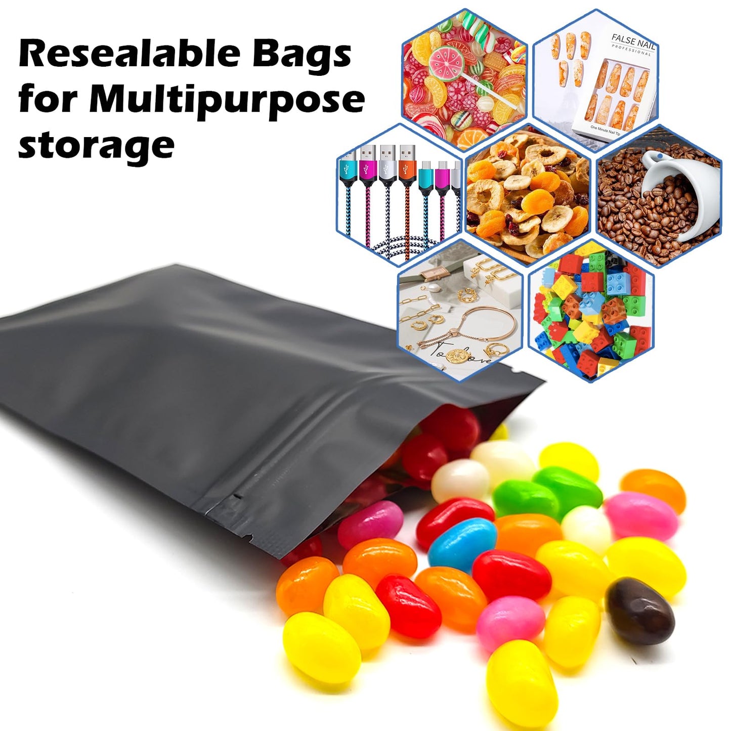 100 Pack Resealable Mylar Bag, Smell Proof Bags Resealable Packaging Supplies for Food Storage Small Business (Black, 4" X 6")