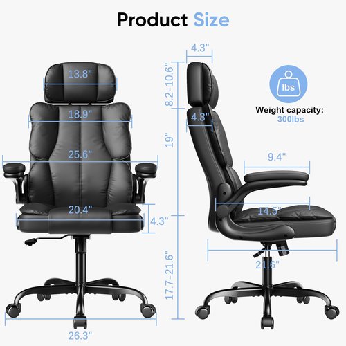 Kensaker Executive Leather Office Chair, Computer Chair with Thick Cushion & Lumbar Support, Ergonomic Desk Chair with Adjustable Headrest & Armrests,Black