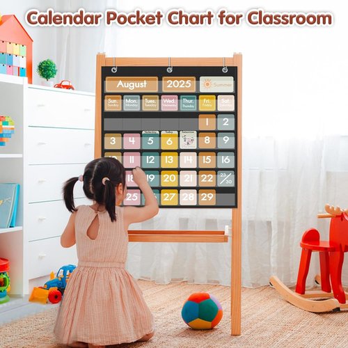 45 Pockets Classroom Calendar - Educational Pocket Chart Calendar for Kids | Boho Decor