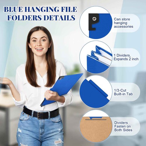 Henoyso 10 Pcs Dark Blue Hanging Classification Folders with Prongs, 1 Divider Letter Size, 1/3-cut with Built-in Hangers for Standard Medical Files, Law Client Files, Office Reports