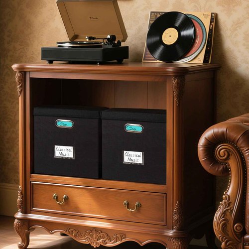 ComfortKeeper 2 Pack Vinyl Record Storage Box with Lid, Holds up to 50 LPs, 12.6"x12.6"x12.6" Durable 600D Polyester Organizer, Sturdy Handles & PVC Label Holder for 12" Records Collection, Black