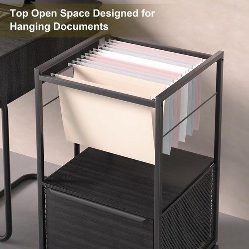 VECELO Printer Stand with Open Storage Shelf, Rolling File Cabinet with Fabric Drawer, Small Side Table for Bedroom,Living Room,Vintage Leather Pull Design, Black