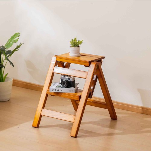 SOBIBO Wooden Step Stool, Foldable 2 Step Ladder, Solid Wood Ladder Stool for for Home, Kitchen & Garden Walnut