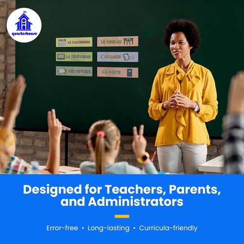 Quarterhouse 18 French Common Classroom Items Placard Label Set, French Classroom Learning Materials for Pre-K and K-12 Students and Teachers, 12 x 3 Inches, Made in USA
