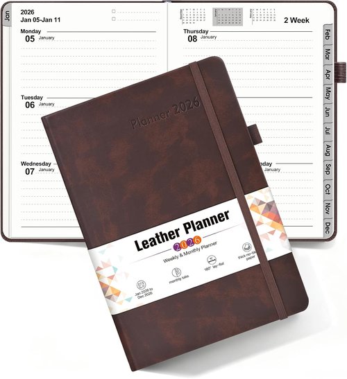 2026 Weekly & Monthly Planner - Skiennix Leather Agenda Organizer Book, A5 Size (5.75" x 8.38"), Brown
