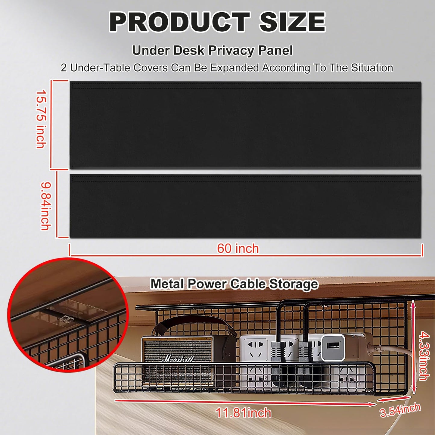 KUMETENESS Under Desk Privacy Panel & Cable Management, Desk Cover Skirt & Modesty Panel, Self-Gripping Straps for Office & Home, 15.75x60 Inch (Widenable to 25.59x60 Inch)