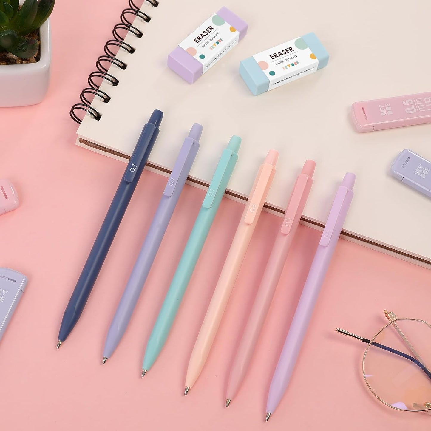SKYDUE Mechanical Pencils Set - 0.5mm & 0.7mm with 360PCS HB Lead Refills & 4 Pastel Erasers | Aesthetic School Supplies