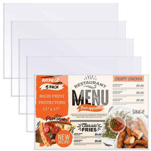 5Pcs 11" x 17" Rigid Print Protectors Hard Plastic Sleeves for Prints, Menu Cover, Heavy Duty Sheet Poster Protectors Clear Plastic Sleeves for Paper Photos Documents Magazines, Horizontal
