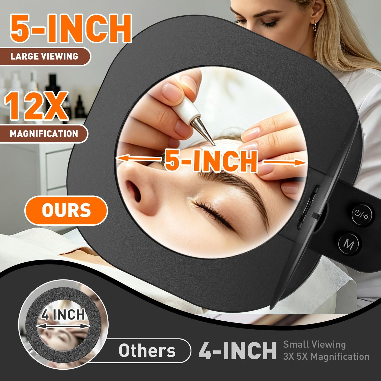 HITTIT 12X Large Floor Magnifying Glass with Light and Stand, 5-Inch Real Glass Lens, 4-Wheel Rolling, Adjustable Height, Dust Cover, 2-in-1 Lighted Magnifier for Reading, Craft,Sewing-Black