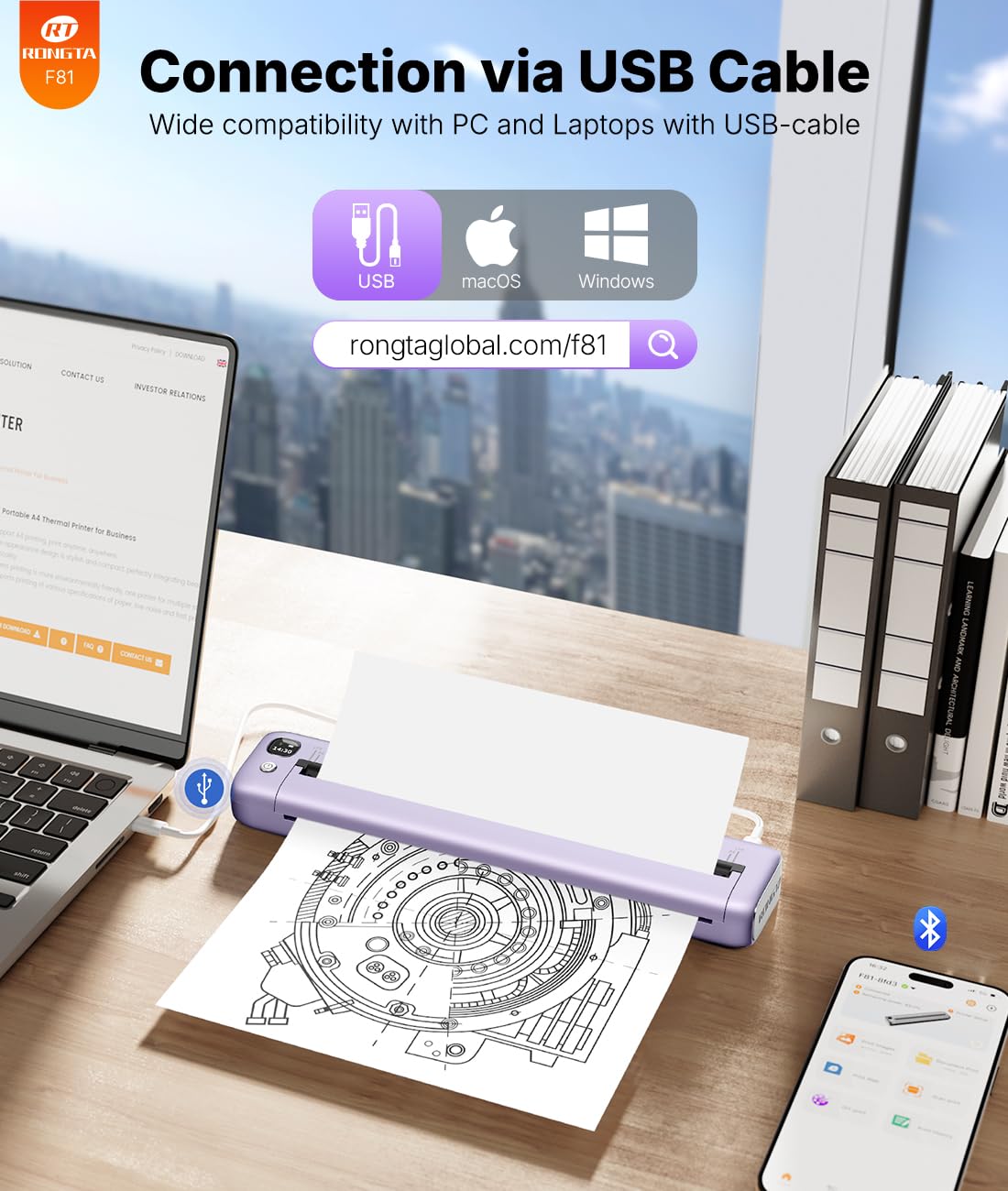 Rongta Portable Printers Wireless for Travel, Bluetooth Mobile Printer, Thermal Inkless Printer for School/Office/Home Use, Compatible with Android,iOS & Laptop (Purple)